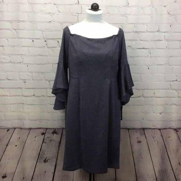 R&M Richards Party Dress Womens Size 14 Navy/Silver Metallic Cruise Bell Sleeve - Picture 7 of 10